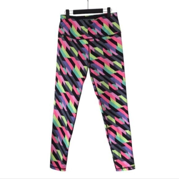 Victoria's Secret Barbie Retro 80s Geometric Patchwork Gym Cyberpunk Leggings L - Picture 2 of 8